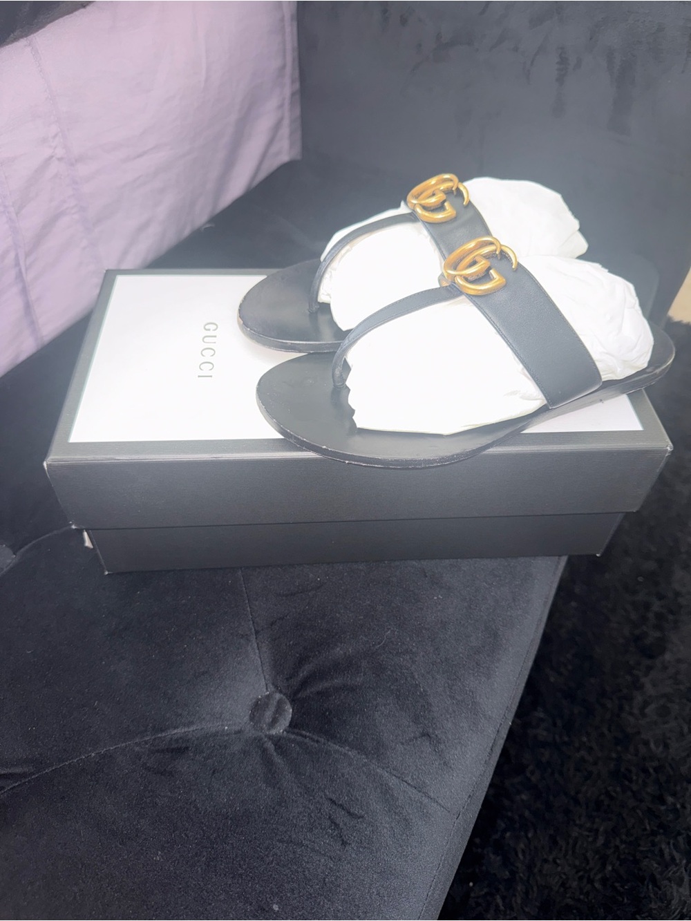 Gucci Black Leather Thong Sandals with Gold Double G - Picture 4 of 4